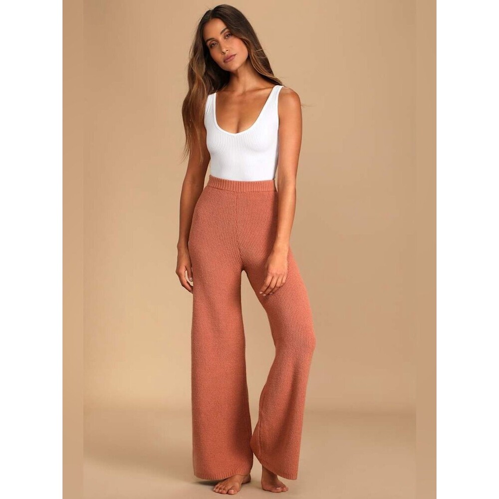 Lulus Known To Be Cozy Rusty Rose Wide-Leg Sweater Pants Size Small